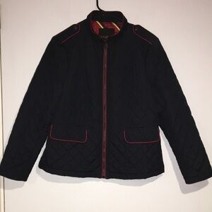 Talbots Petite Quilted black jacket w/ red piping full zip satin lined Sz Large